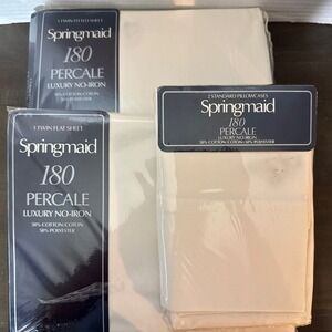 VTG Springmaid 180 Percale Luxury No-Iron Twin Flat Fitted Sheet White 2 Pillowc